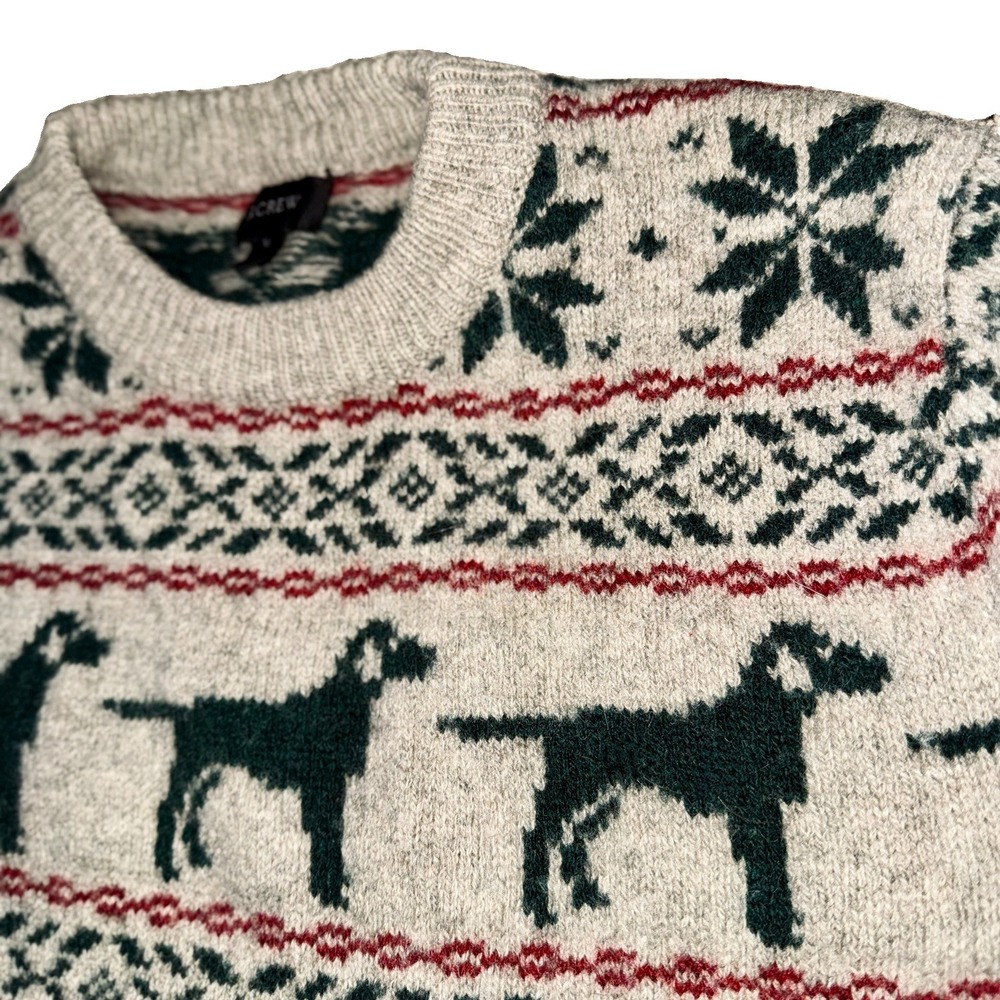 J.Crew 100% Wool Holiday Dog Sweater M Oatmeal Snowflake Country Cabin Apres Ski - Picture 2 of 8